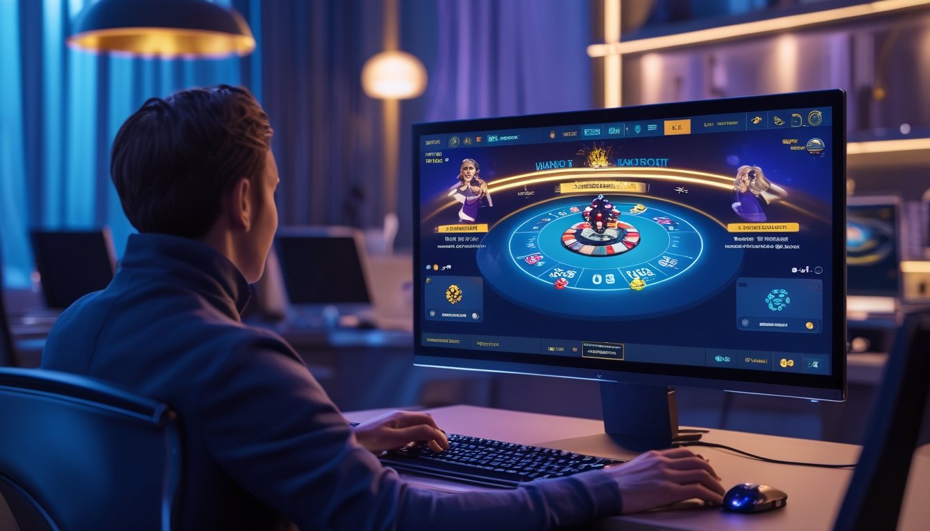 Pemain duduk di depan komputer yang menampilkan permainan poker digital dengan kartu dan chip.