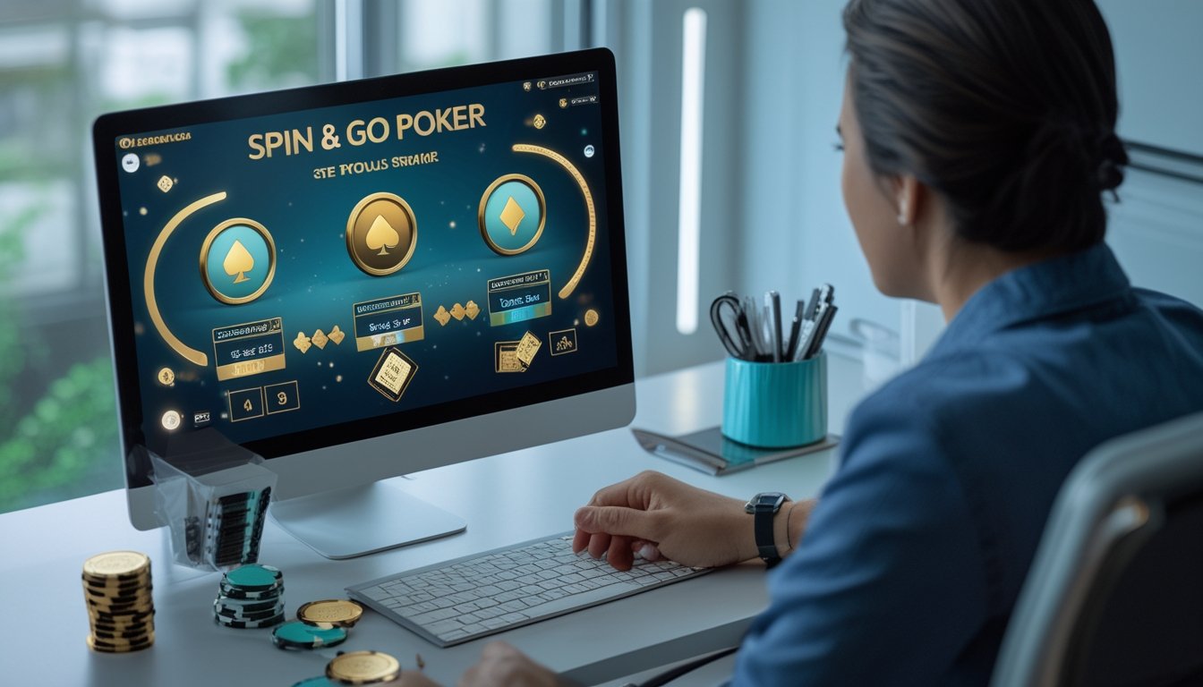 Pemain mempelajari permainan poker Spin & Go di depan laptop dengan kartu dan keping poker di meja.