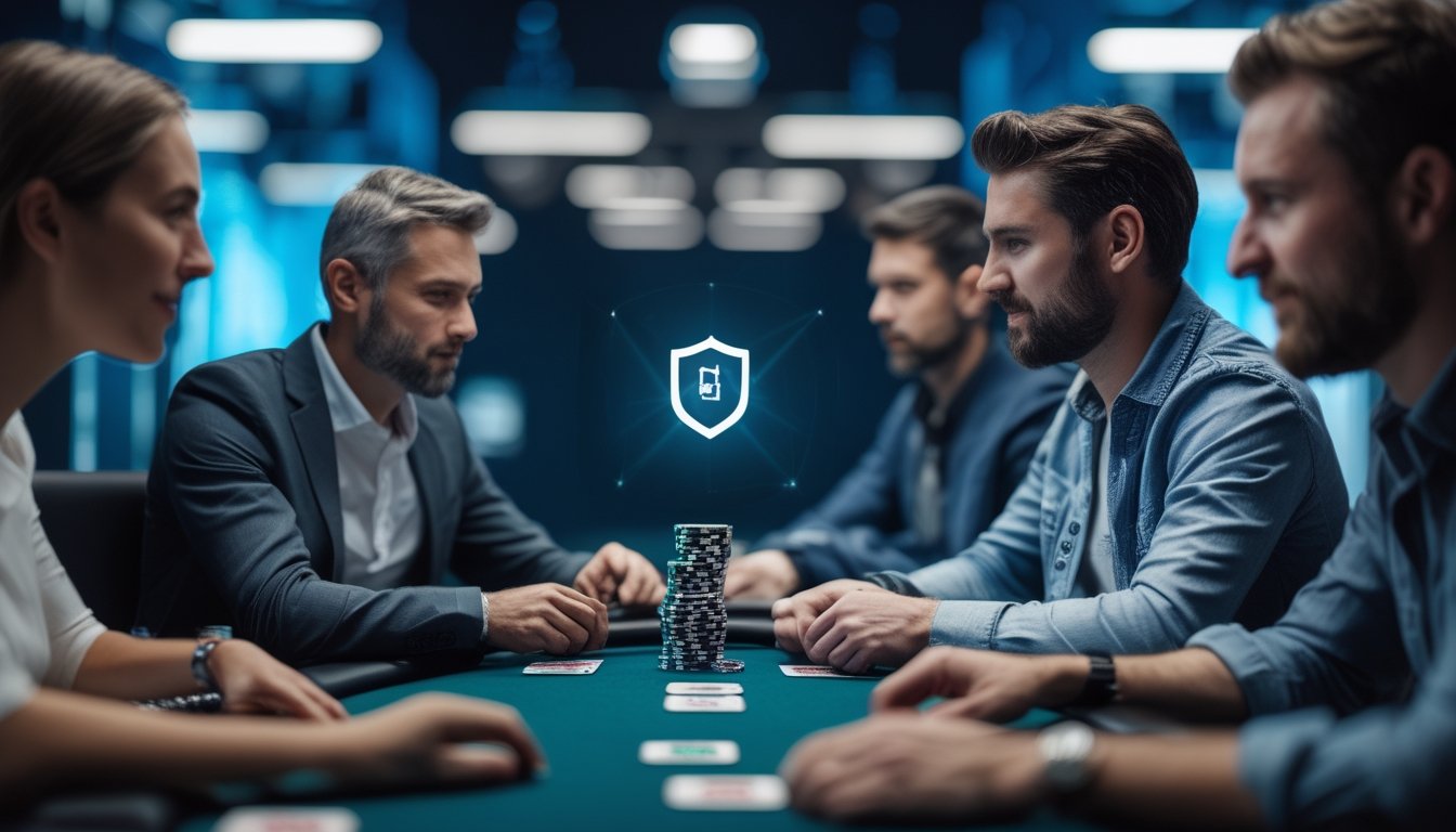 Tiga pemain dewasa bermain poker dengan kartu dan keping taruhan di meja modern.