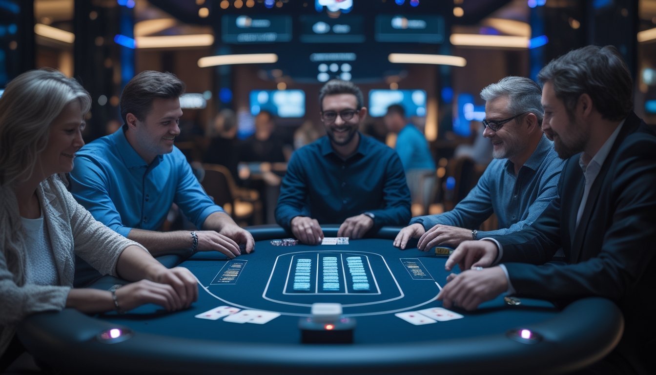 Tiga pemain dewasa bermain poker dengan chip dan kartu di meja dalam suasana yang ramah dan adil.