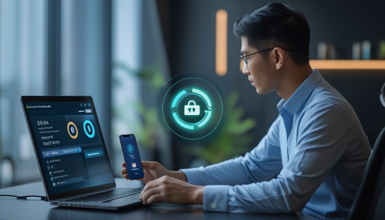 Seorang pemain menggunakan laptop dan ponsel untuk melakukan penarikan dana online dengan cepat.