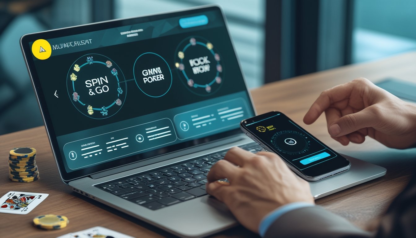 Pemain meninjau permainan poker online dan proses penarikan dana cepat melalui laptop dan ponsel.