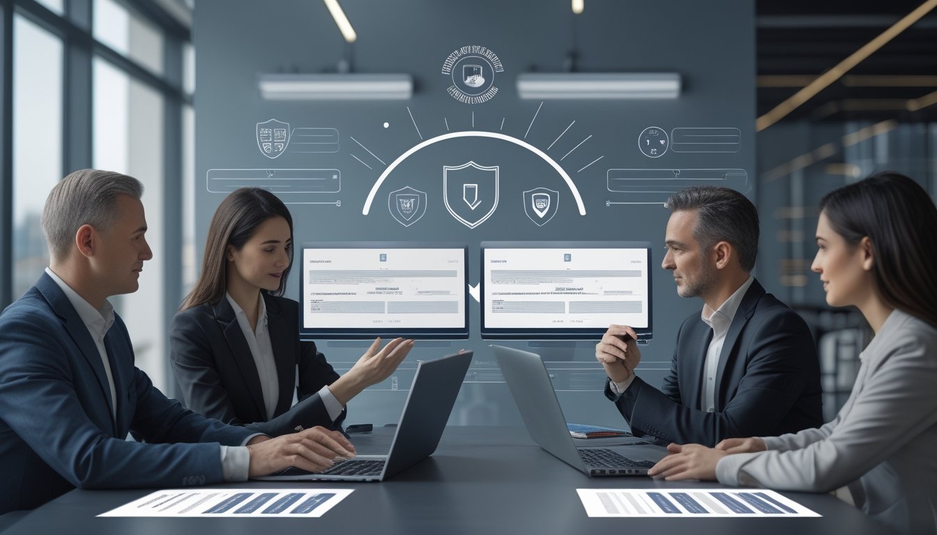 Tim profesional memeriksa keabsahan platform digital dengan dokumen verifikasi dan simbol keamanan di kantor modern.