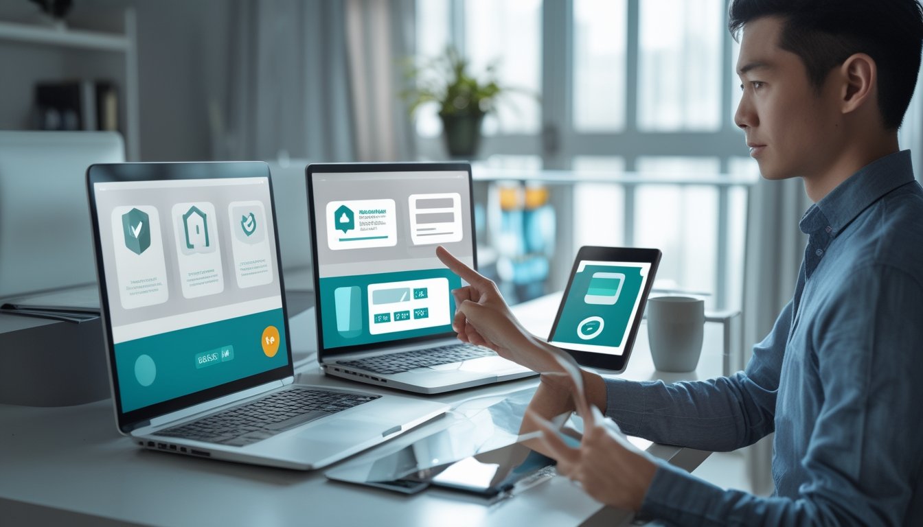 Seorang profesional membandingkan beberapa platform digital pada laptop dan tablet di ruang kerja modern.