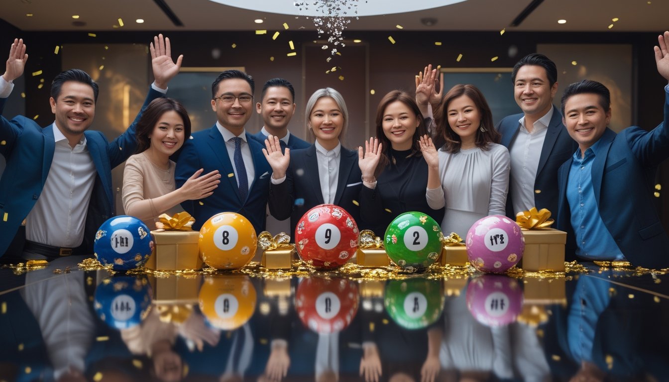 Sekelompok orang dewasa merayakan kemenangan dengan konfeti, kotak hadiah, dan bola warna-warni di ruangan modern.