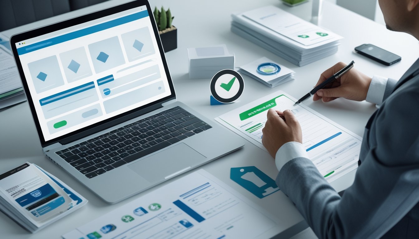 Seorang profesional memeriksa dokumen dan dasbor verifikasi digital di meja kantor.