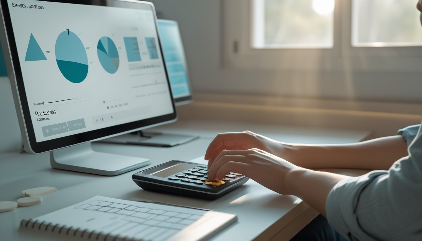 Seorang analis mempelajari probabilitas dengan kalkulator, laptop, dan catatan kosong di meja.
