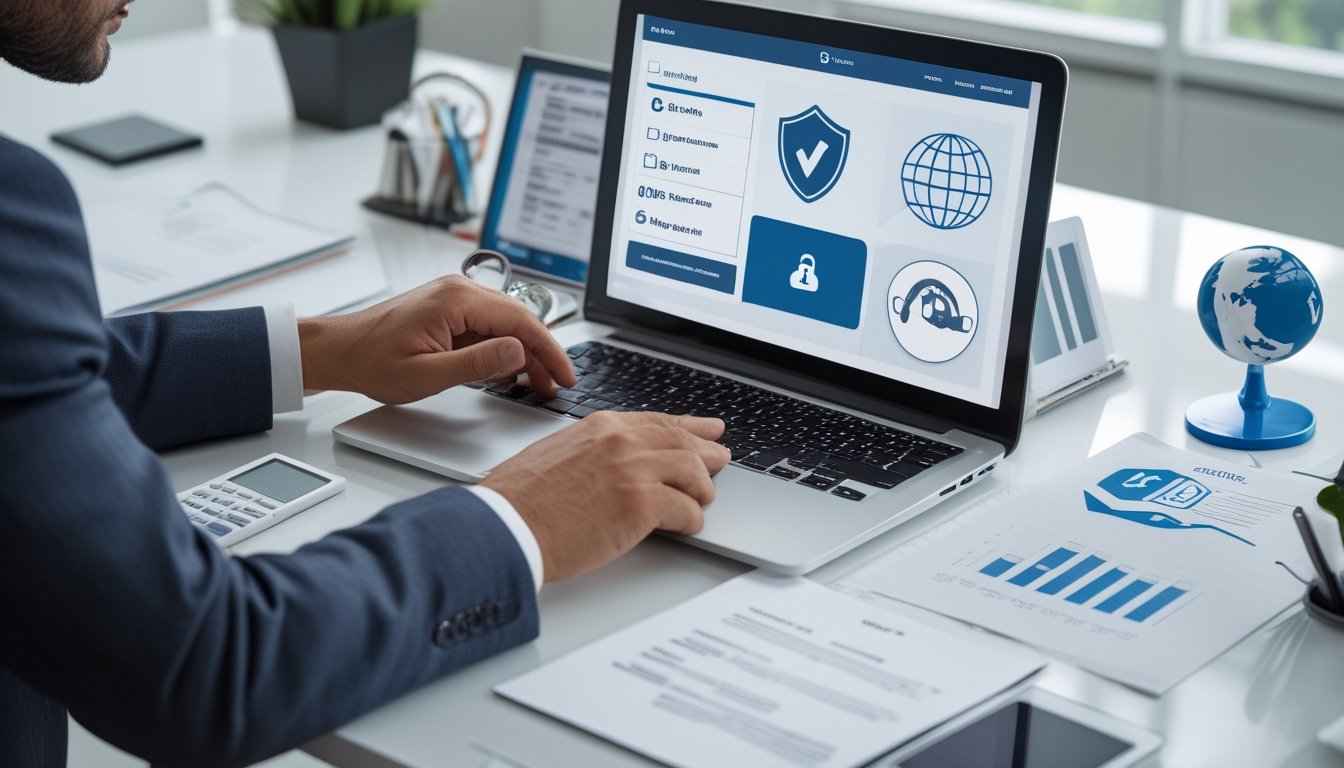 Seorang profesional memeriksa platform digital yang aman di meja kerja modern dengan simbol verifikasi dan perlindungan data.
