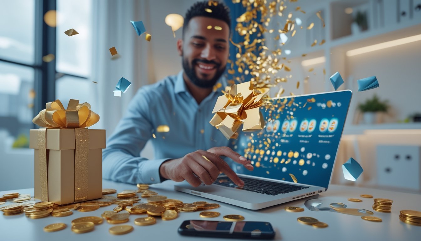 Orang dewasa melihat laptop dengan suasana perayaan, koin emas, dan hadiah di ruang kerja modern.