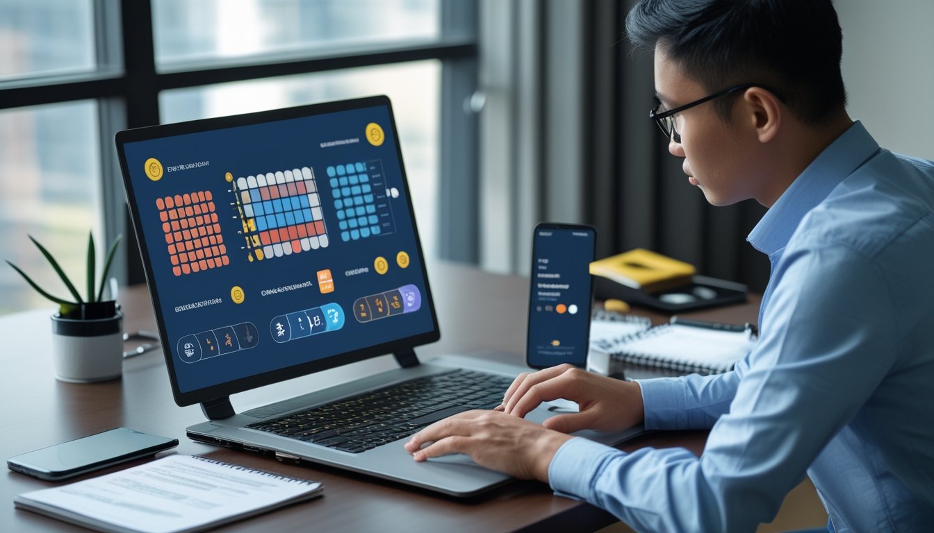 Seseorang mempelajari mekanisme permainan online menggunakan laptop, kalkulator, catatan, dan grafik abstrak.