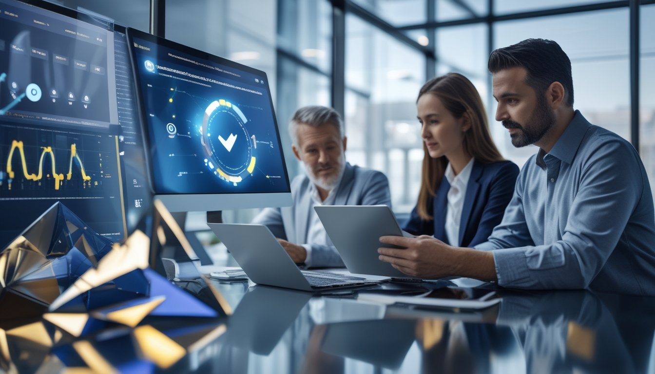 Sekelompok profesional dewasa meninjau data digital pada laptop dan tablet di kantor modern.