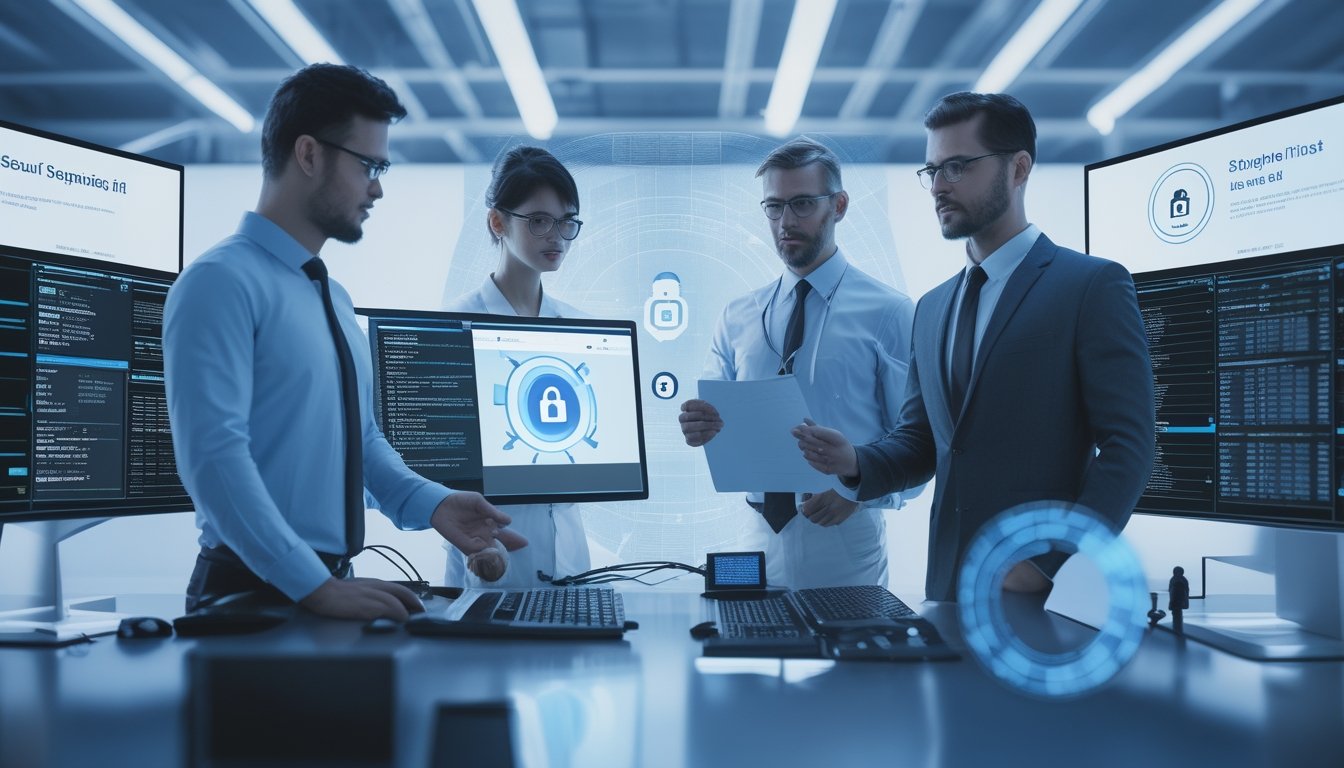Tim profesional meninjau keamanan dan kepatuhan sebuah platform digital di kantor modern.