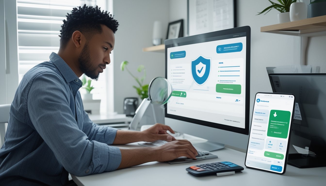 Seseorang memeriksa keamanan dan kepercayaan sebuah platform digital di meja kerja dengan laptop, ponsel, dan simbol perlindungan.