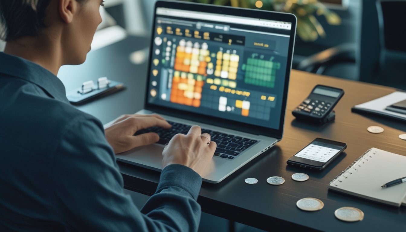 Seseorang memeriksa grafik dan angka abstrak di laptop pada meja kerja dengan kalkulator dan ponsel.