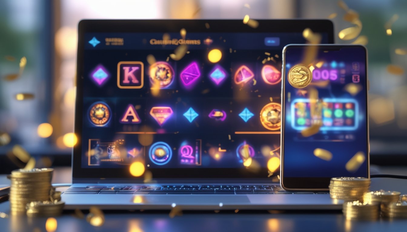 Laptop dan ponsel menampilkan permainan slot abstrak dengan koin emas dan cahaya perayaan di atas meja modern.