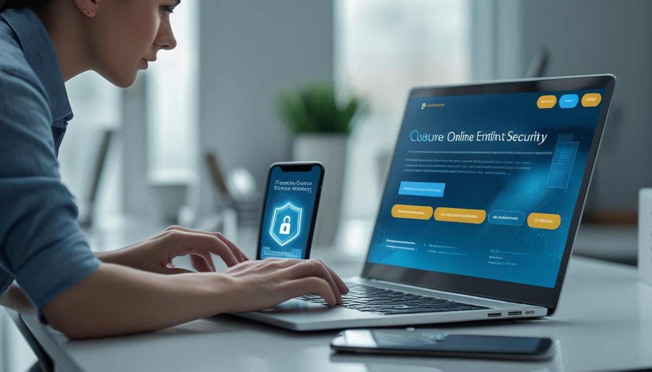 Seseorang memeriksa keamanan tautan login di laptop dengan simbol perisai dan gembok.