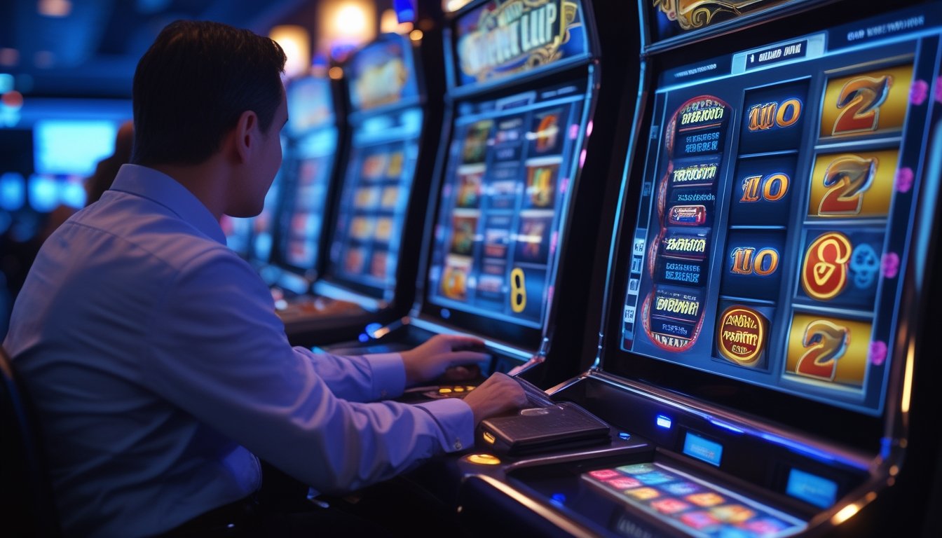 Seorang pemain dewasa mempelajari mesin slot digital dengan catatan dan kalkulator di lingkungan hiburan modern.
