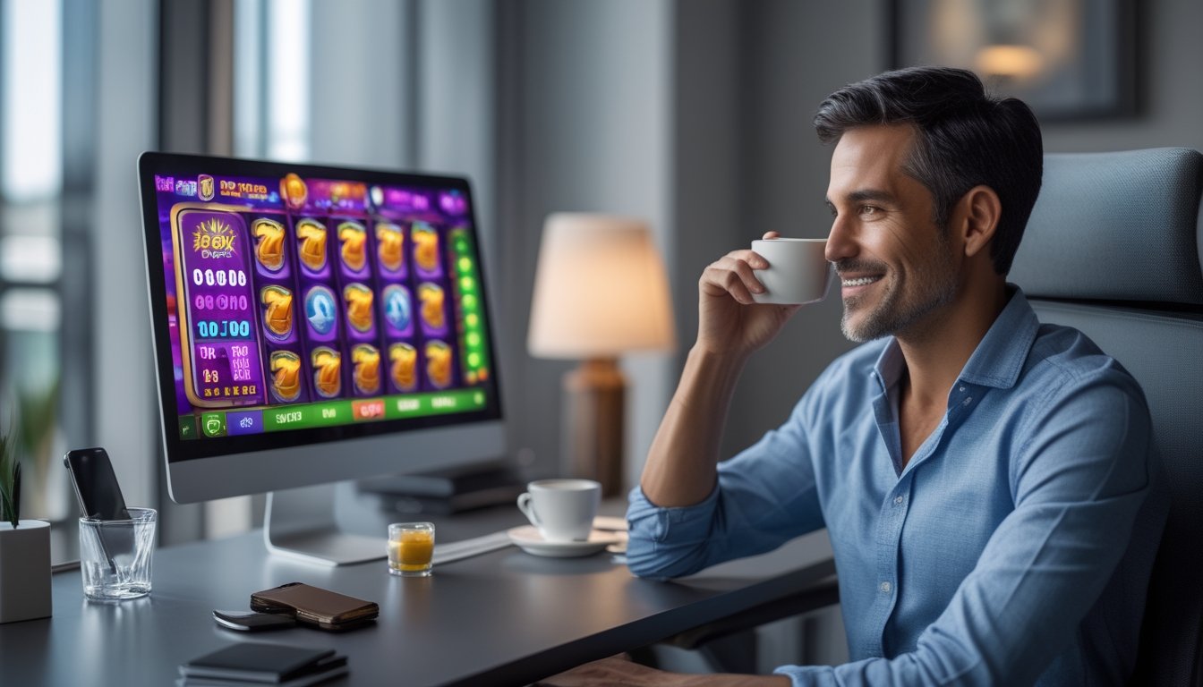 Orang dewasa bermain permainan slot digital di laptop dalam ruang kerja modern.