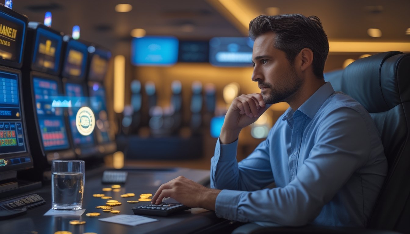 Seorang pemain menganalisis peluang dan risiko permainan slot di ruang hiburan modern.