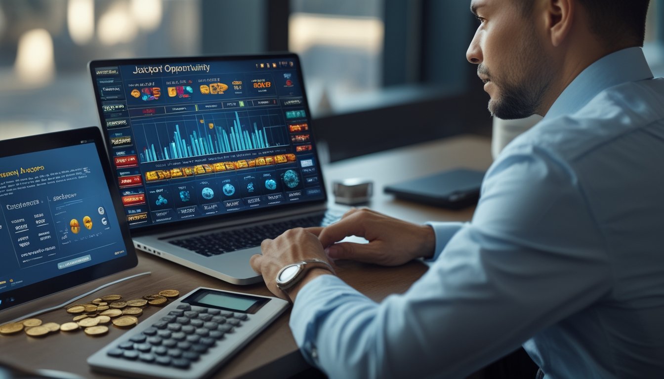 Seorang analis mempelajari grafik probabilitas dan volatilitas permainan pada laptop di ruang kerja modern.
