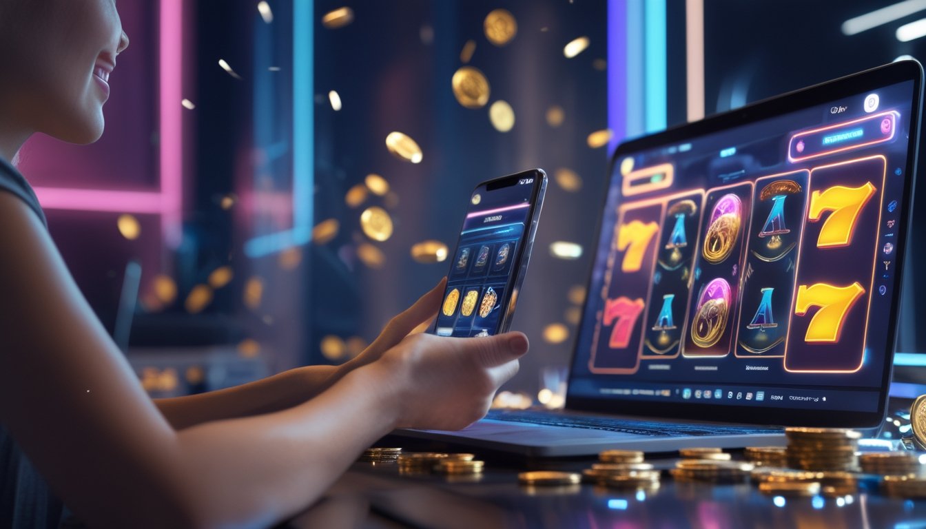 Seseorang menggunakan perangkat digital dengan tampilan permainan slot berwarna-warni dan efek cahaya keemasan.