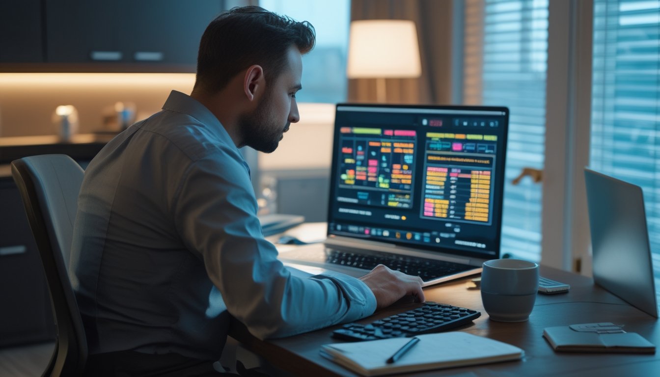 Seorang dewasa meninjau statistik permainan digital di laptop dengan kalkulator dan catatan anggaran di meja.