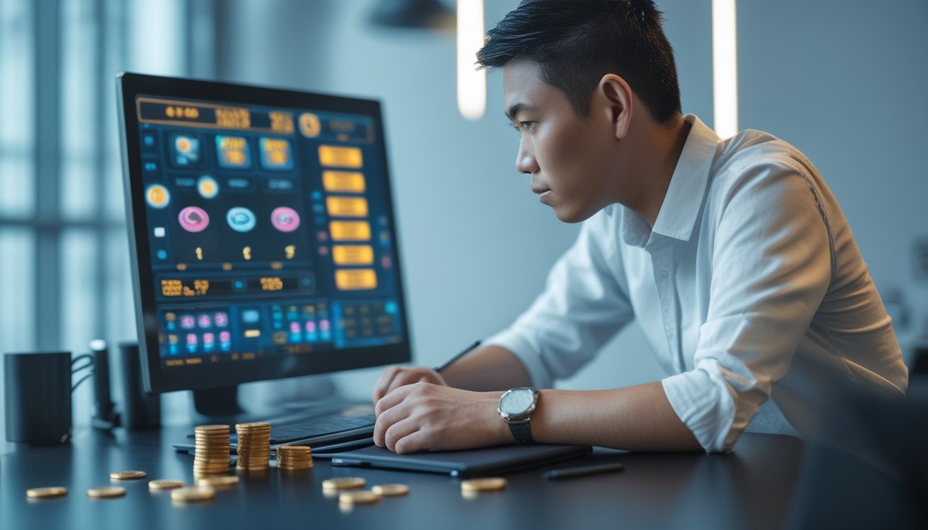 Seseorang mempelajari risiko permainan slot online di meja kerja dengan laptop, kalkulator, dan catatan.