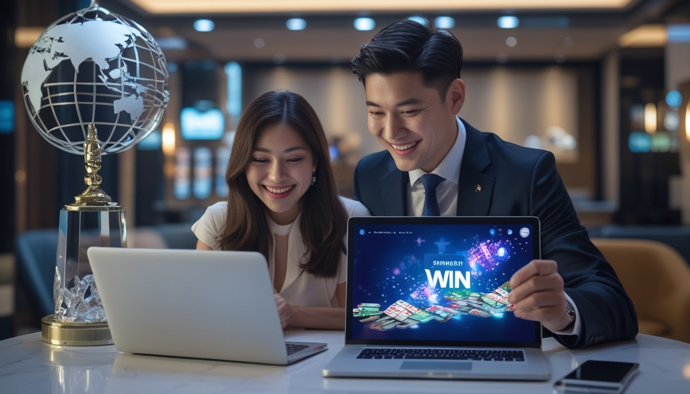 Seorang pria dan wanita merayakan kemenangan besar di ruang hiburan modern dengan laptop dan ponsel di atas meja.