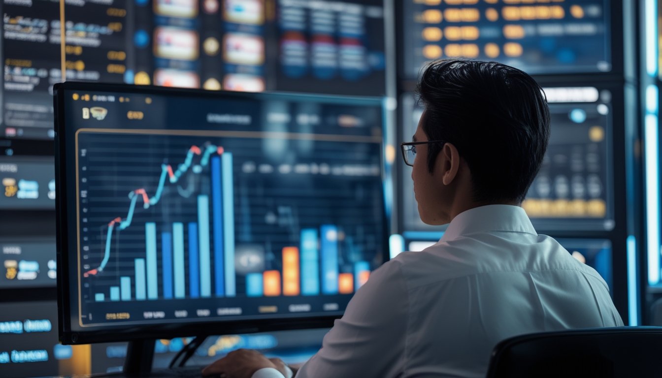 Seseorang menganalisis grafik peluang dan statistik permainan slot di ruang kerja modern.