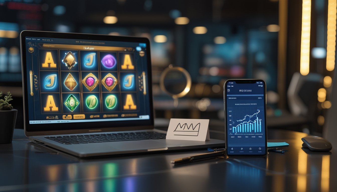 Laptop dan ponsel menampilkan antarmuka permainan slot digital di meja kerja modern dengan kaca pembesar dan grafik perbandingan.
