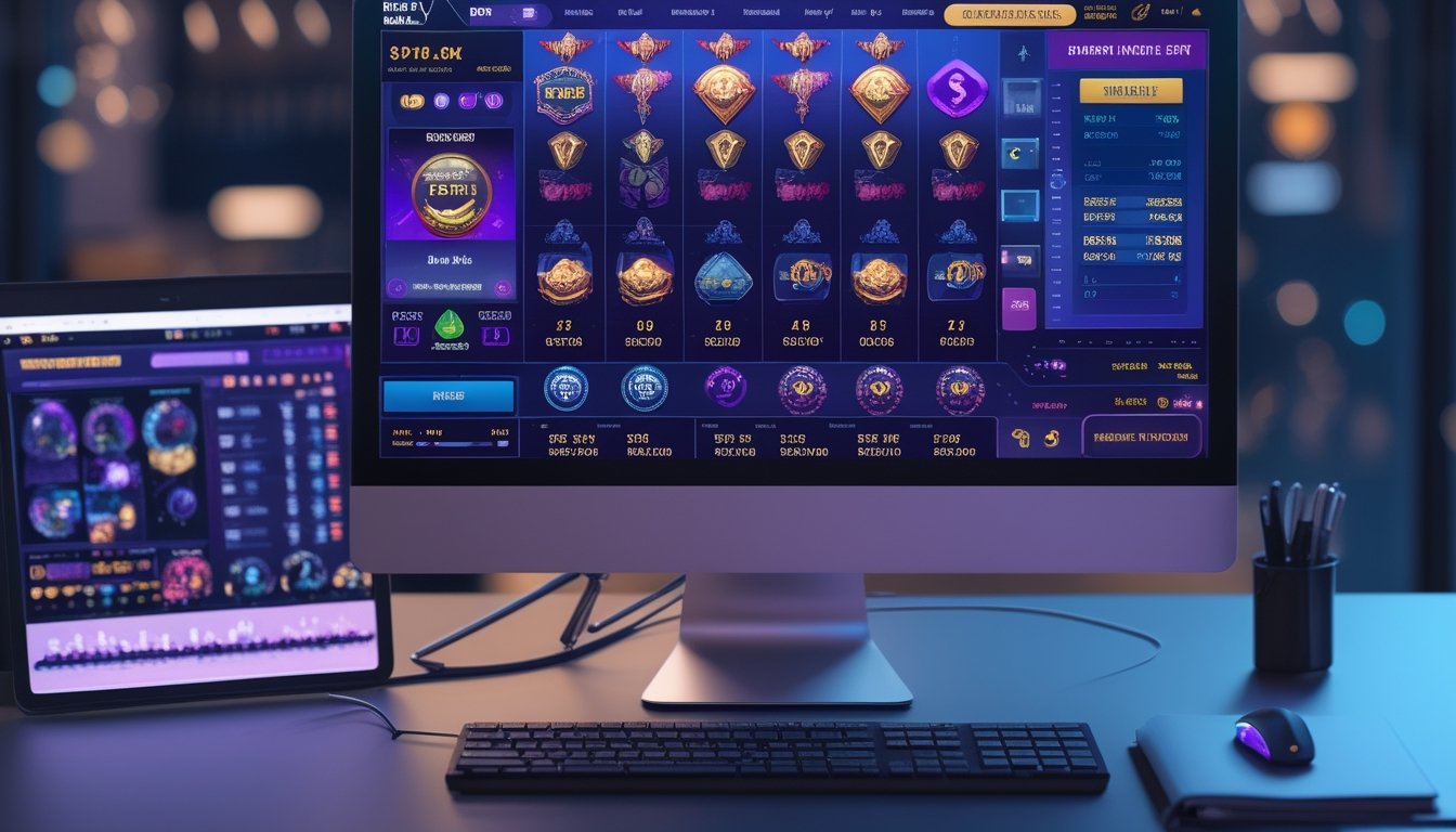 Meja kerja modern dengan monitor yang menampilkan antarmuka permainan slot dan analitik abstrak.