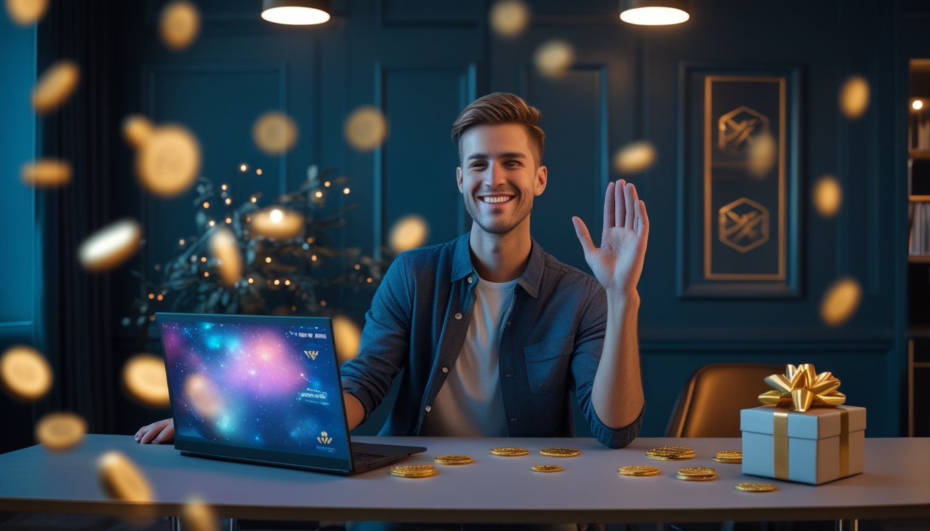 Orang dewasa tersenyum merayakan kemenangan di depan laptop dengan koin emas dan kotak hadiah di sekitarnya.