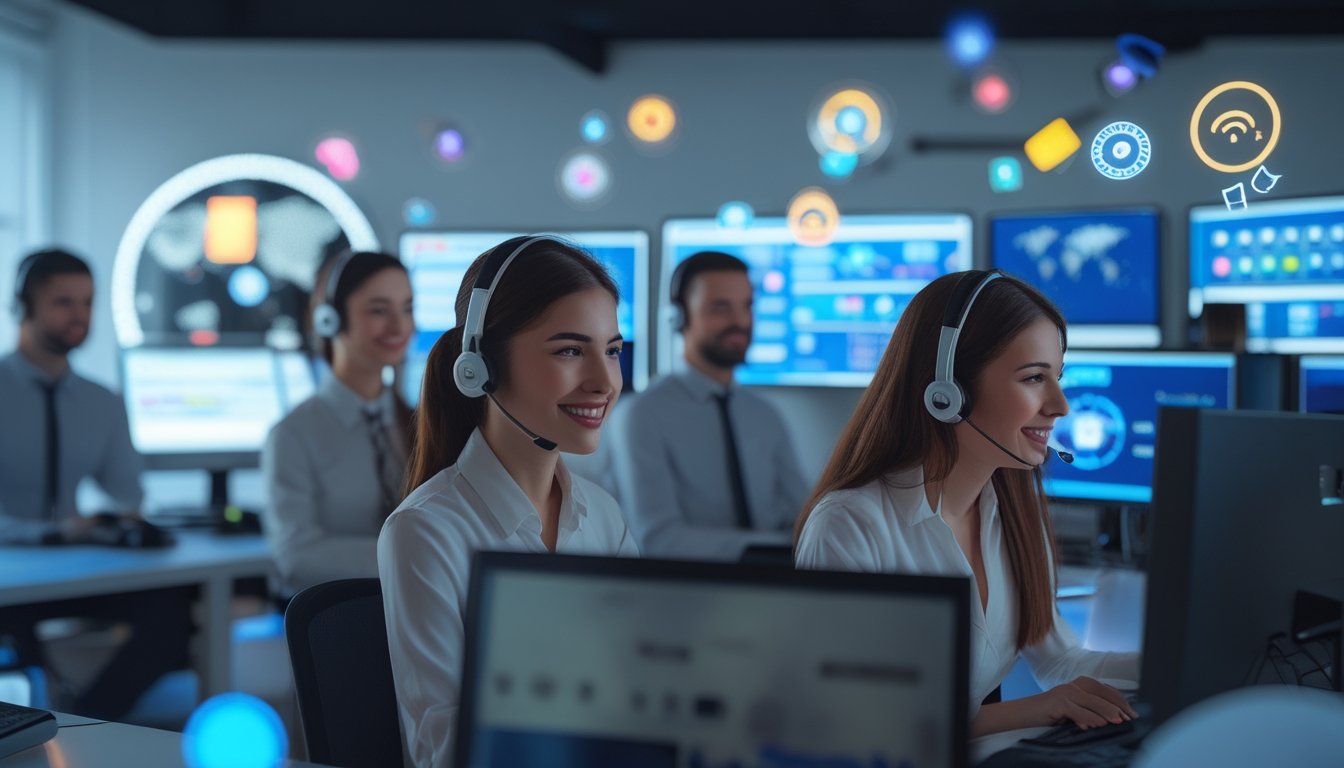 Tim layanan pelanggan membantu pengguna di pusat layanan digital modern dengan komputer dan headset.