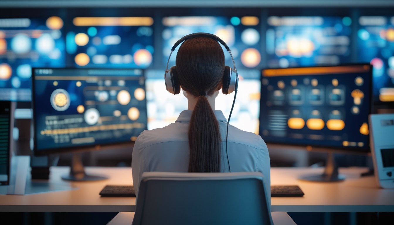 Petugas layanan pelanggan memakai headset di ruang kerja modern dengan laptop dan beberapa monitor.