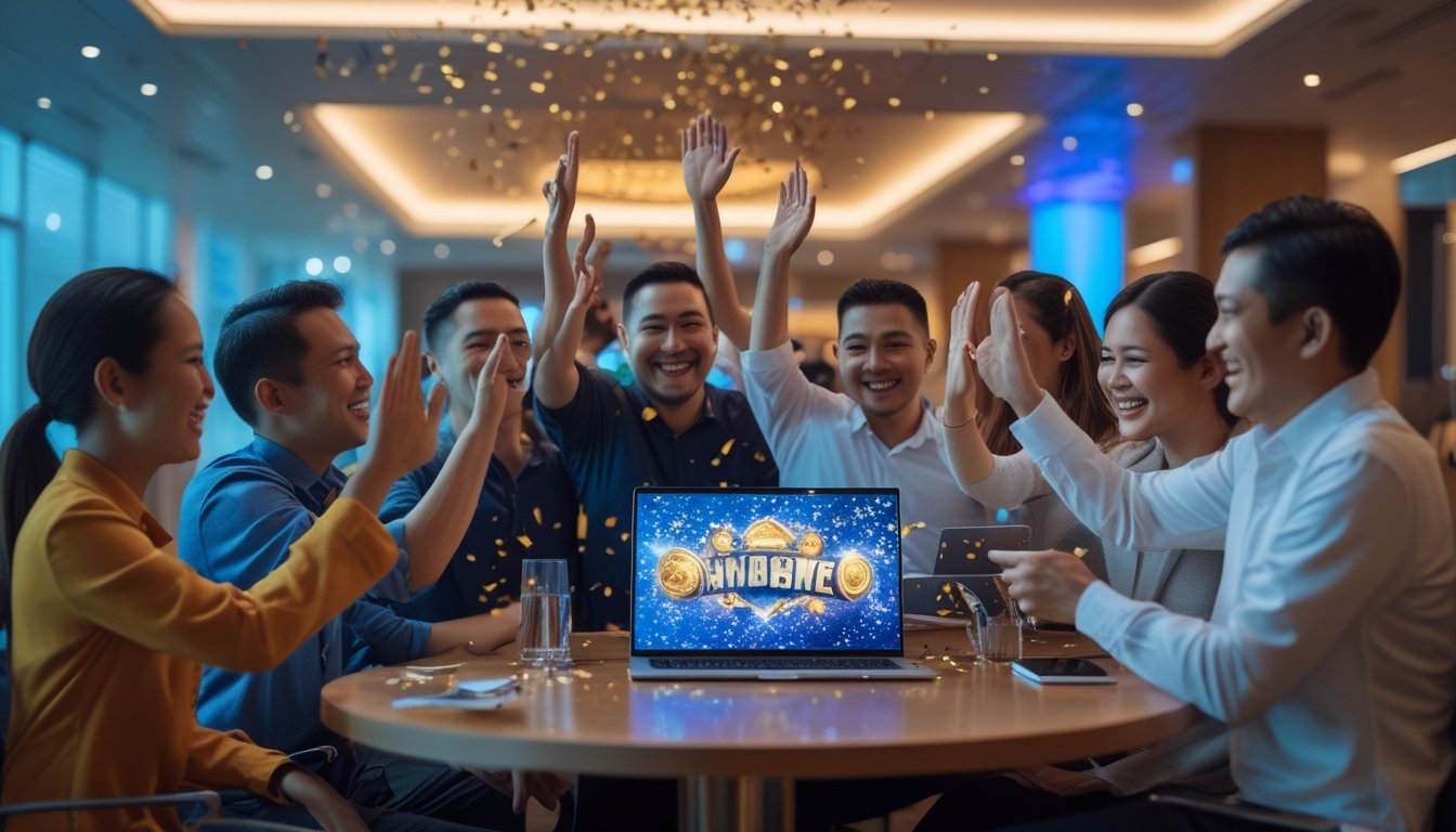 Sekelompok pemain dewasa di Indonesia merayakan kemenangan besar bersama di ruang modern.