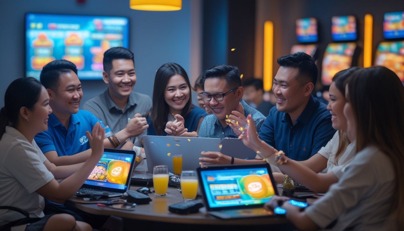 Sekelompok anggota komunitas dewasa di Indonesia berkumpul dan merayakan permainan digital bersama di ruang sosial.