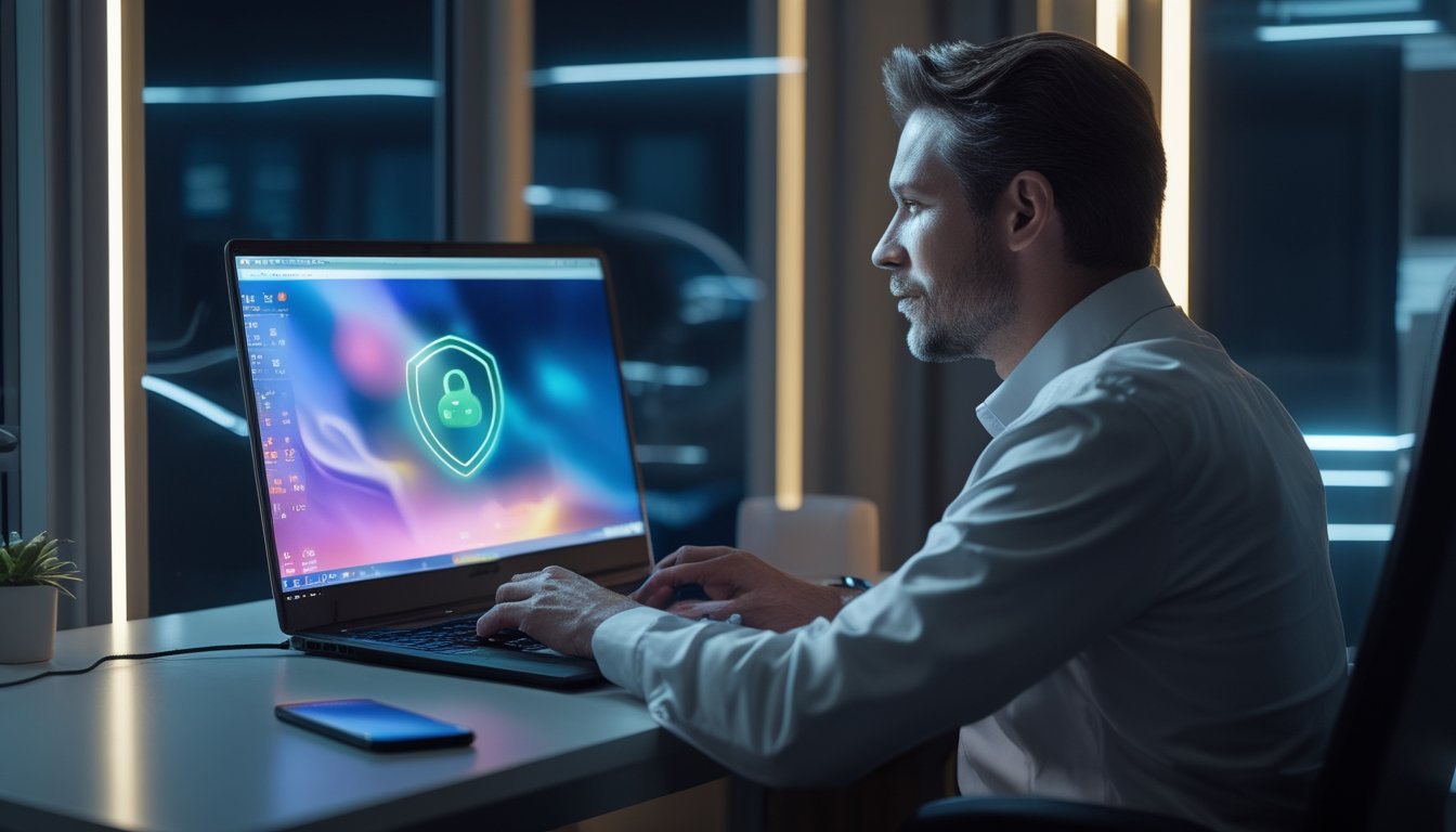 Orang dewasa menggunakan laptop di ruang kerja modern dengan simbol koneksi aman dan lancar.