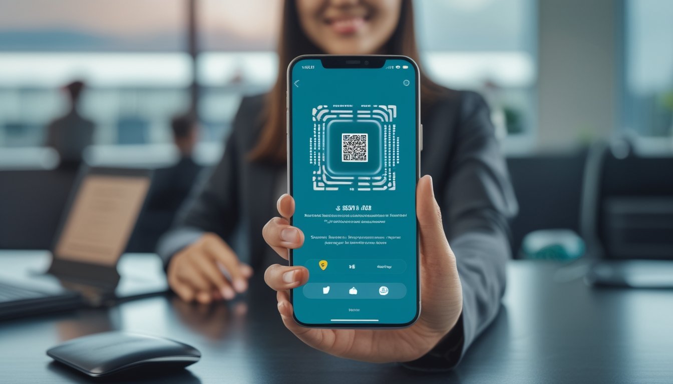 Seorang pengguna memegang ponsel dengan tampilan pembayaran digital dan elemen keamanan serta koneksi bercahaya.