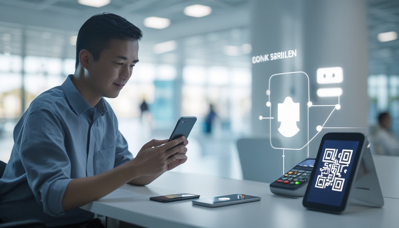 Seseorang menggunakan ponsel untuk melakukan pembayaran digital melalui QR dan dompet elektronik.