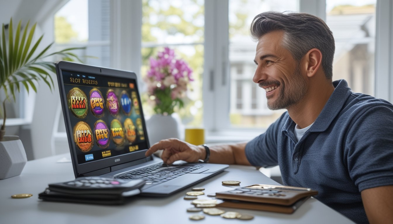 Orang dewasa bermain gim slot daring di laptop dengan sejumlah koin dan dompet sederhana di atas meja.