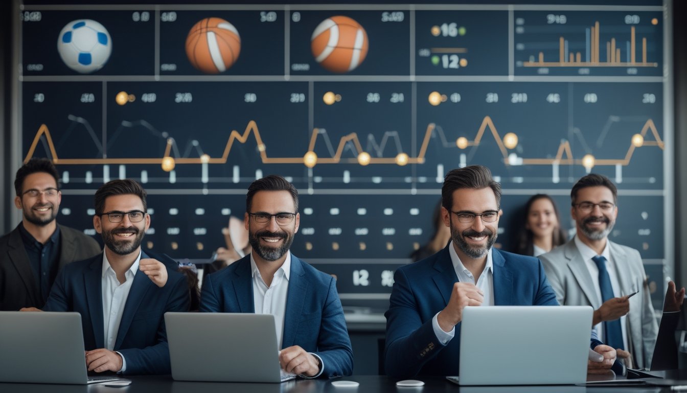 Tim analis dewasa meninjau data pertandingan olahraga di ruang kerja modern.