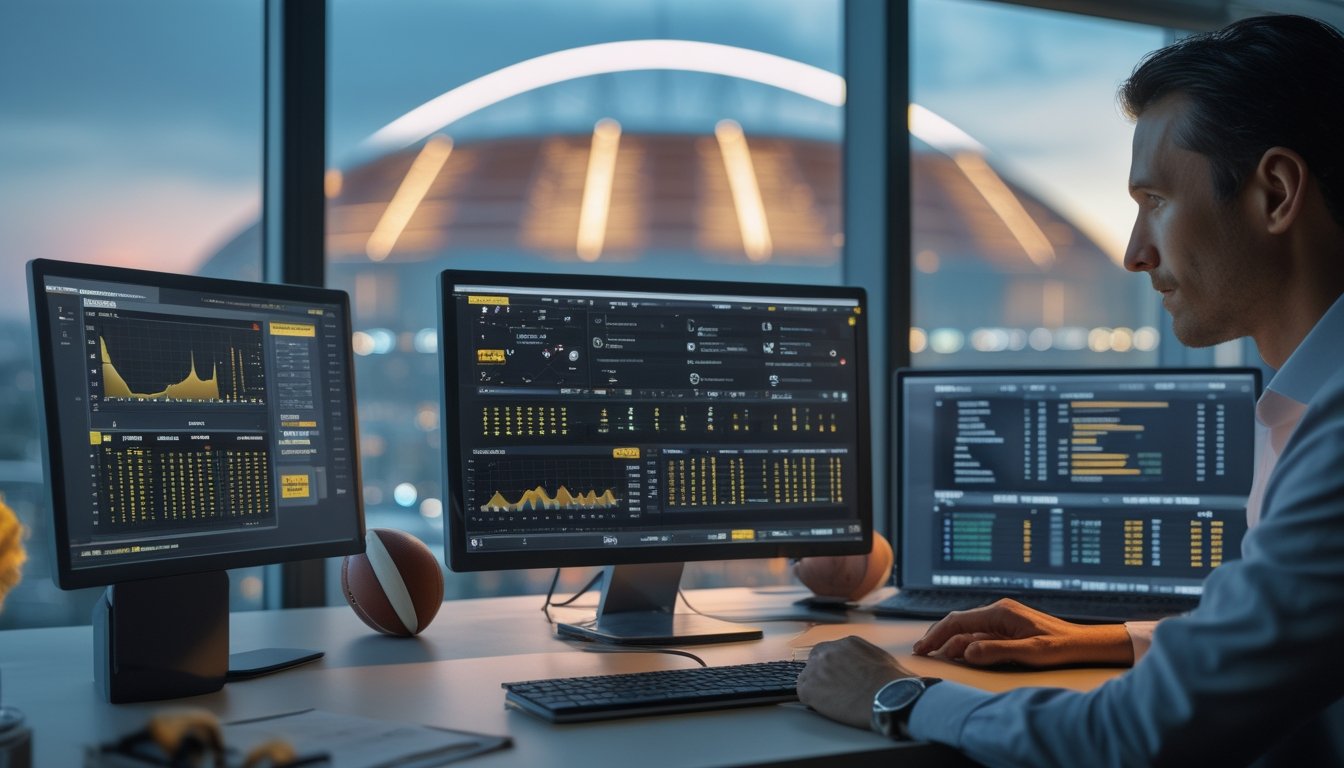 Seorang penggemar sepak bola menganalisis statistik pertandingan di kantor modern dengan stadion terlihat di latar belakang.