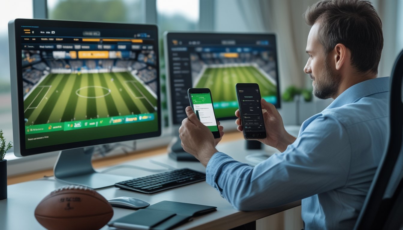 Penggemar sepak bola menganalisis pertandingan di komputer dan ponsel di ruang kerja modern.