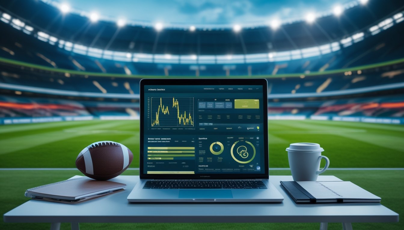 Meja dengan laptop dan ponsel yang menampilkan analisis pertandingan sepak bola di depan stadion yang terang.