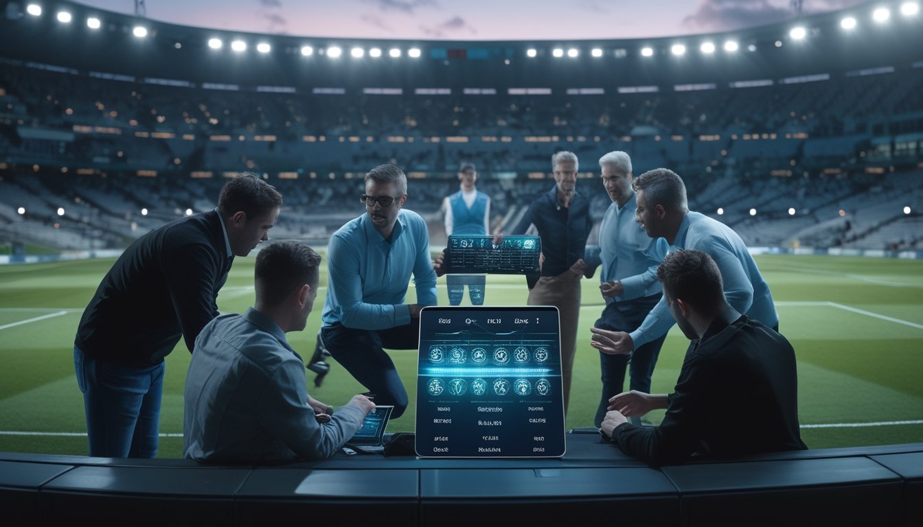 Sekelompok orang dewasa menganalisis data pertandingan sepak bola di stadion modern.