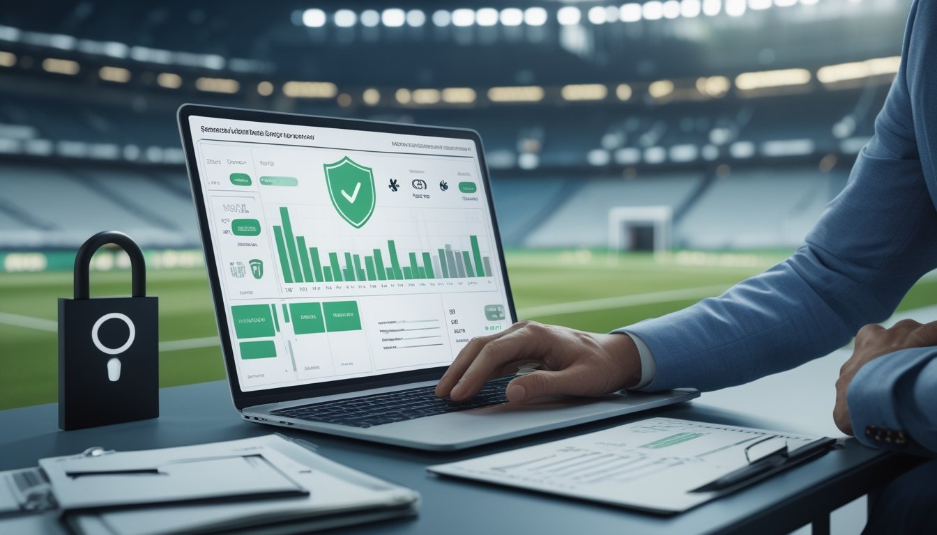 Analis profesional memeriksa antarmuka olahraga digital yang dilengkapi simbol keamanan di ruang kerja modern.