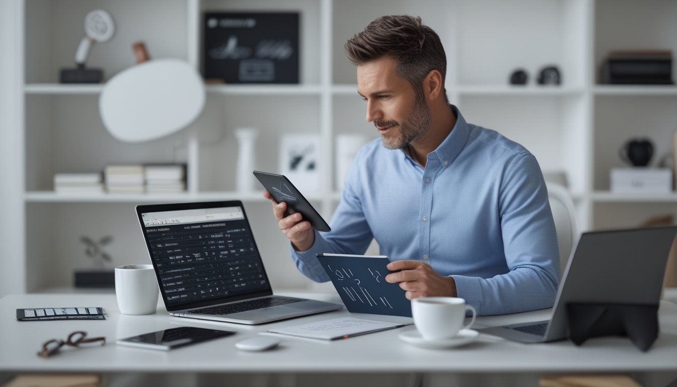Seorang analis dewasa mempelajari statistik pertandingan olahraga di meja kerja dengan laptop, tablet, grafik, kalkulator, dan buku catatan.