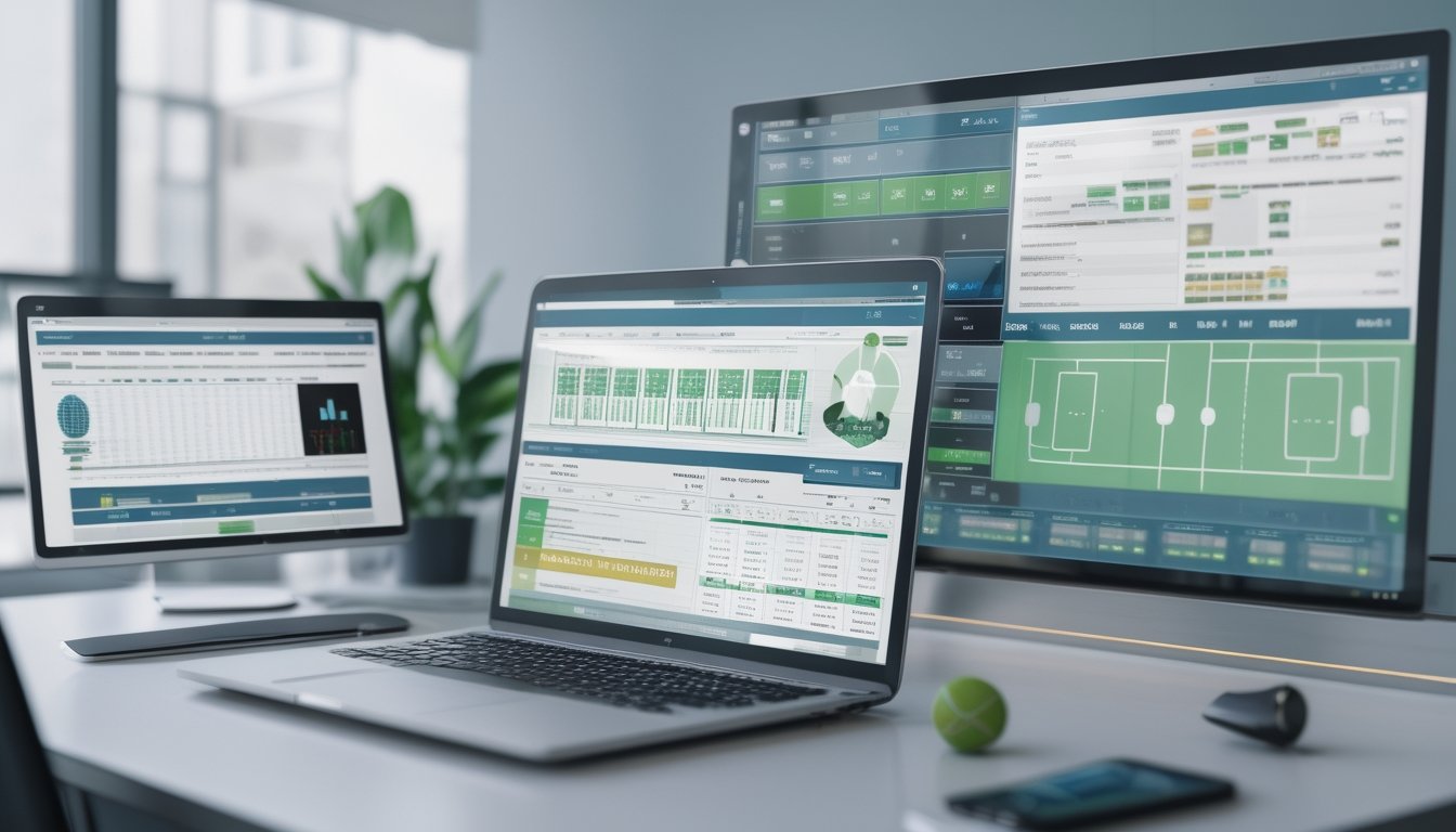 Seorang analis olahraga mempelajari statistik beberapa pertandingan di laptop dan tablet.