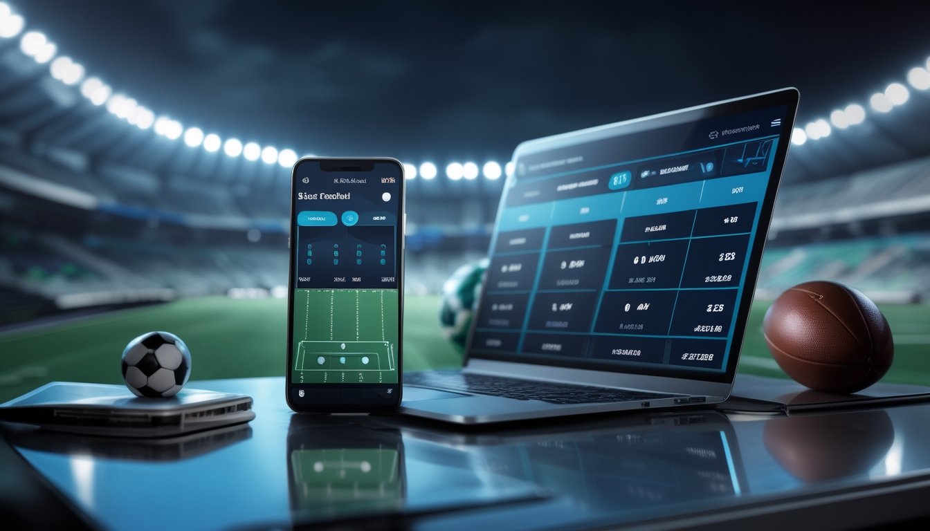 Perangkat digital menampilkan antarmuka pertandingan sepak bola di atas meja dengan bola dan stadion yang tampak samar di latar belakang.