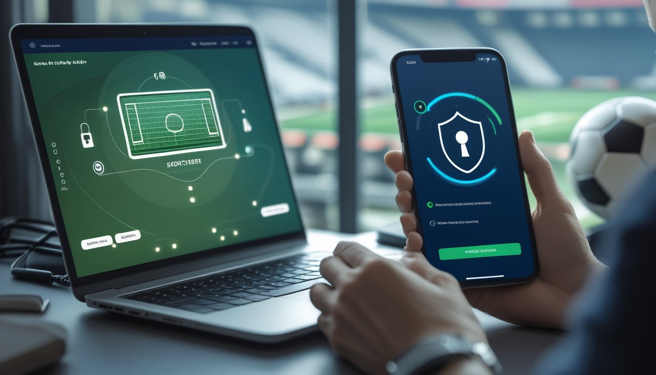 Seseorang memeriksa laptop dan ponsel dengan simbol keamanan serta elemen sepak bola di meja kerja modern.